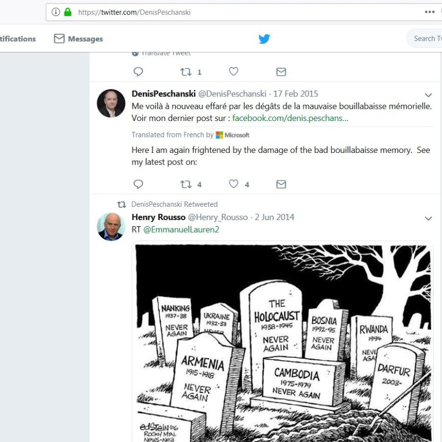 Denis Peschanski à propos de la mémoire, sur Twitter en février 2015